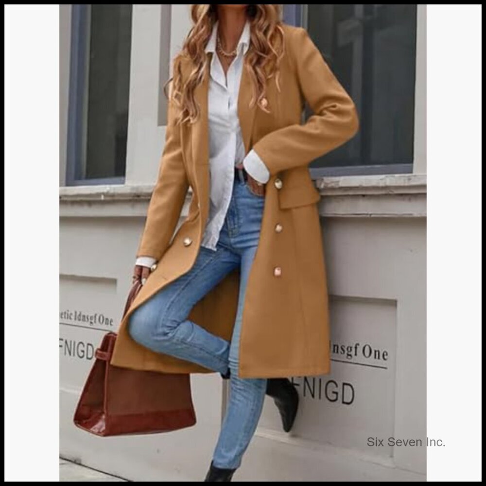 Long Wool Blend Pea Coat with Notch Collar and Knee Length - Picture 4 of 5